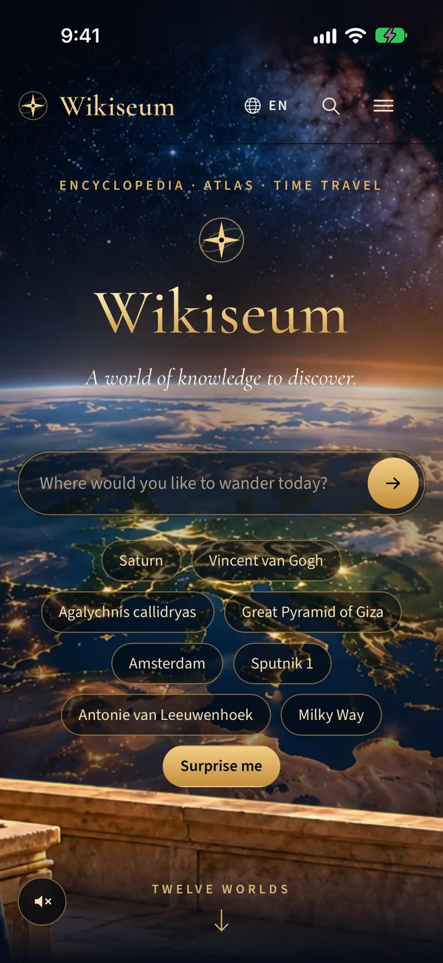 The Wikiseum home screen with a search field over a view of Earth from space