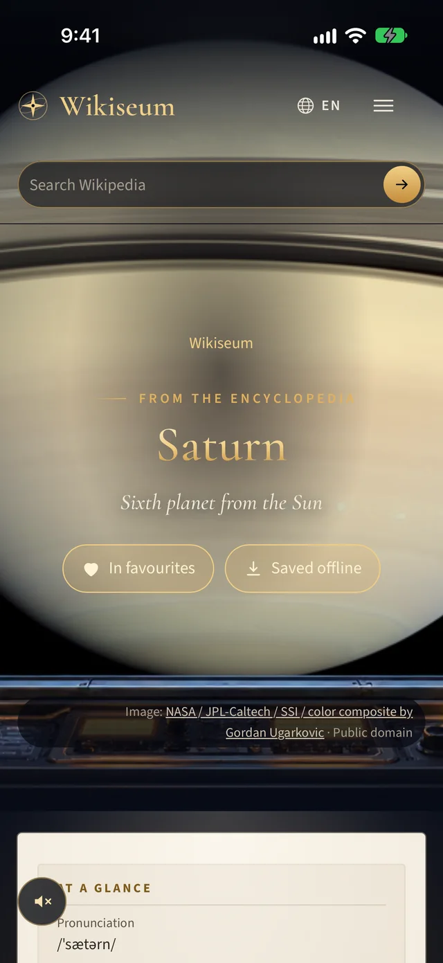 The article on Saturn in a ship’s console frame, with Favourite and Saved offline buttons