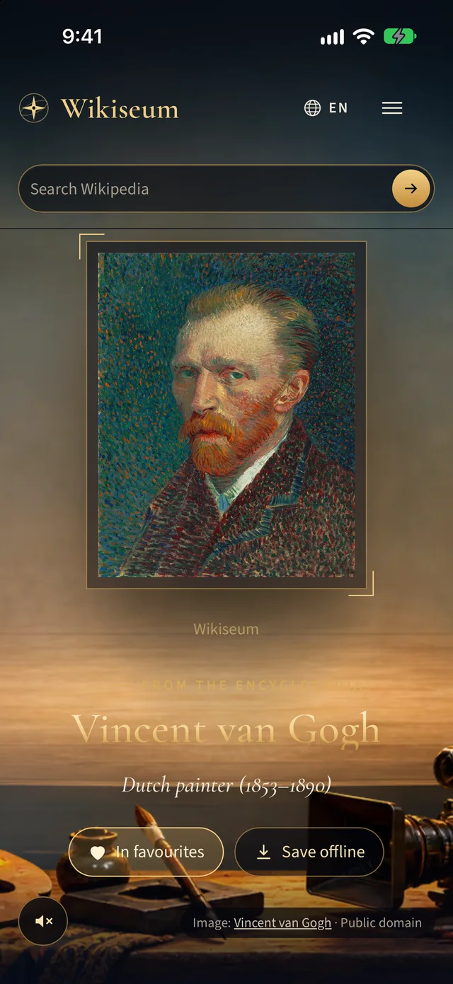 The article on Vincent van Gogh, a framed portrait in a painter’s studio